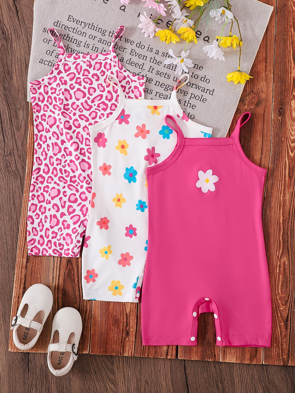 Baby Girls' Sleeveless Rompers 3-Pack in Pink Leopard and Floral Prints with Short Legs for Summer