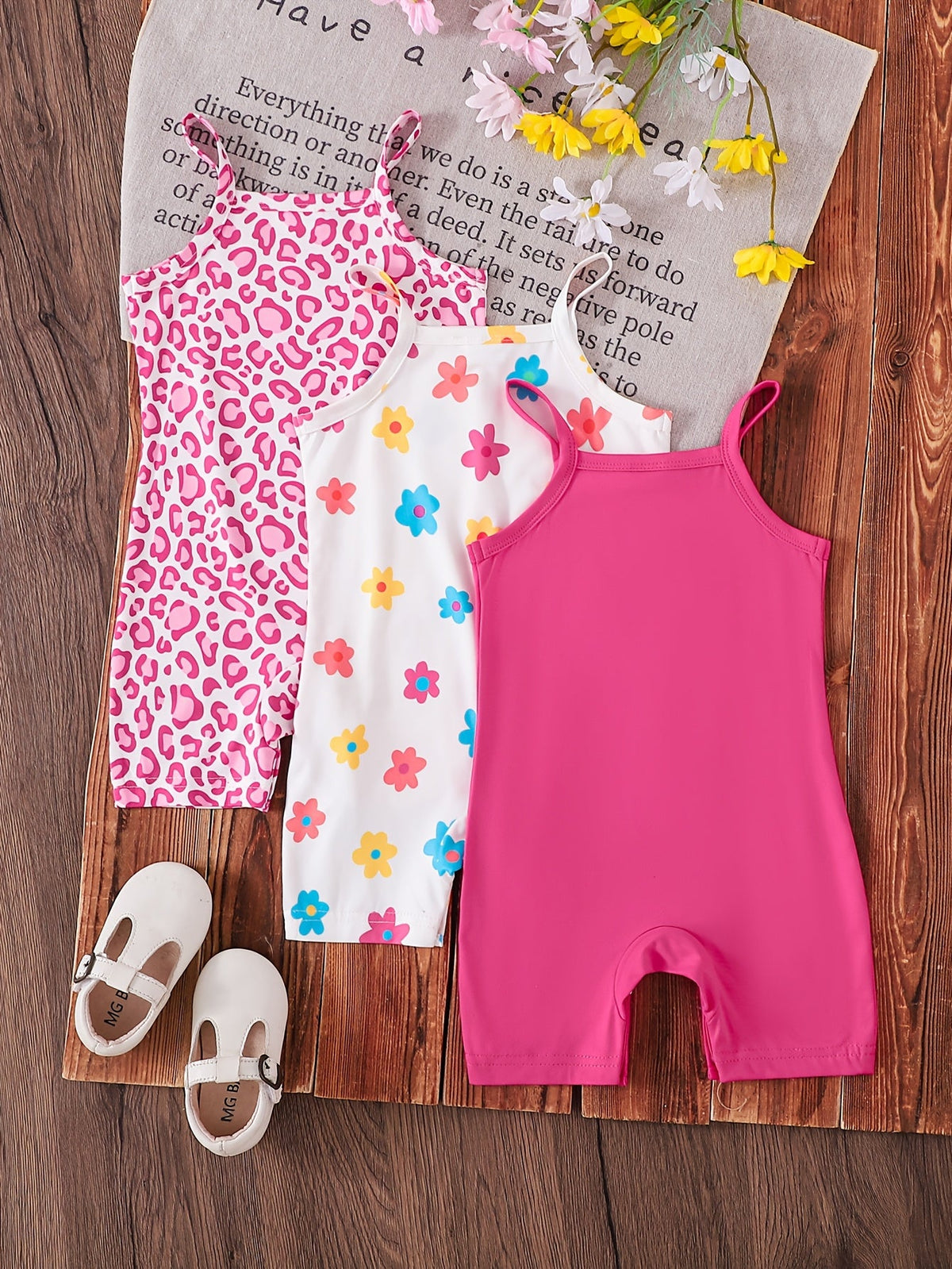 Baby Girls' Sleeveless Rompers 3-Pack in Pink Leopard and Floral Prints with Short Legs for Summer