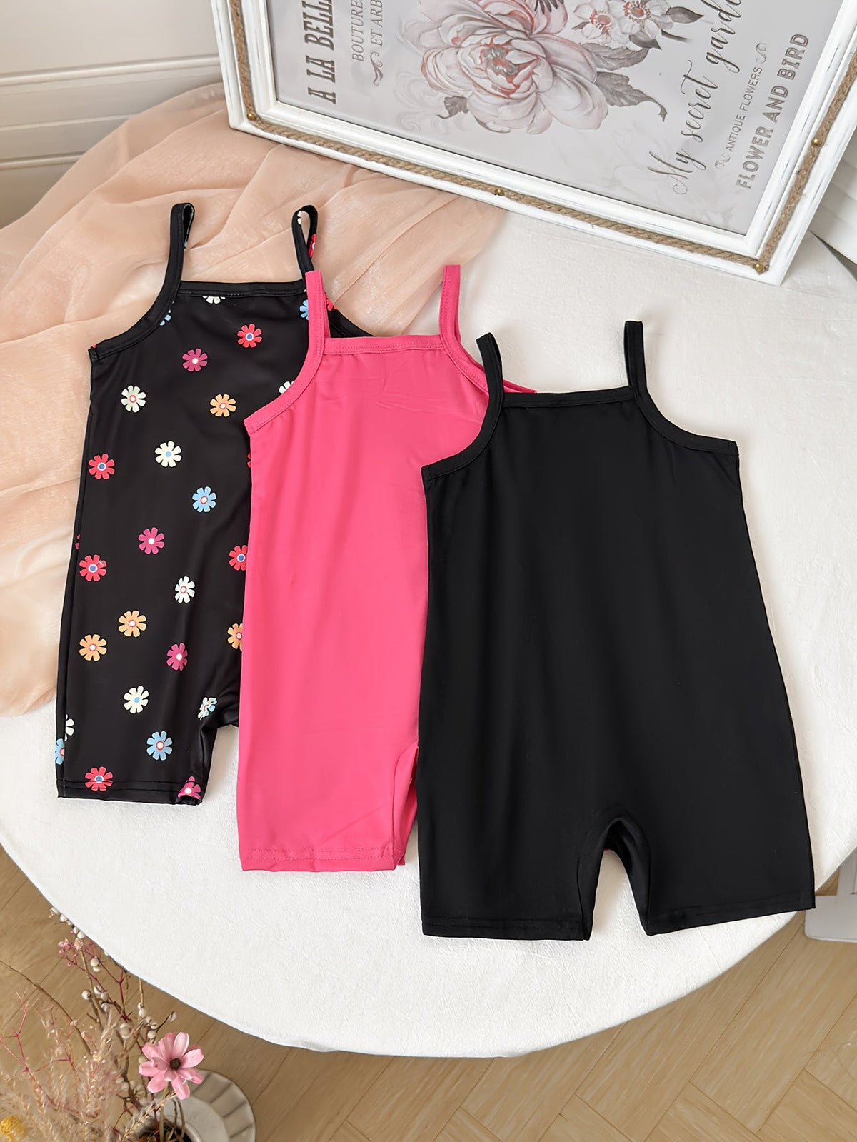 Baby Girls' Floral Rompers 3-Pack in Black and Fuchsia with Thin Straps and Snap Closures for Summer