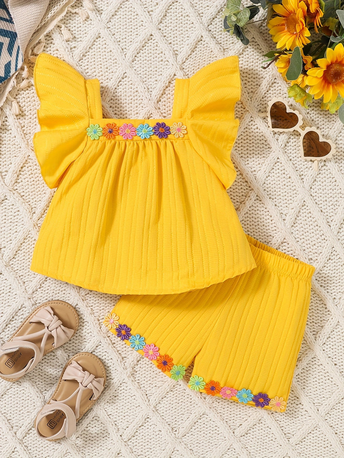 Baby Girls' Floral Top and Shorts Set with Ruffled Shoulders and Matching Flower Trim for Summer Outfits