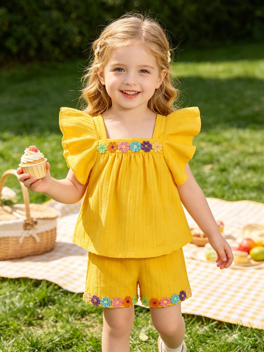 Baby Girls' Floral Top and Shorts Set with Ruffled Shoulders and Matching Flower Trim for Summer Outfits