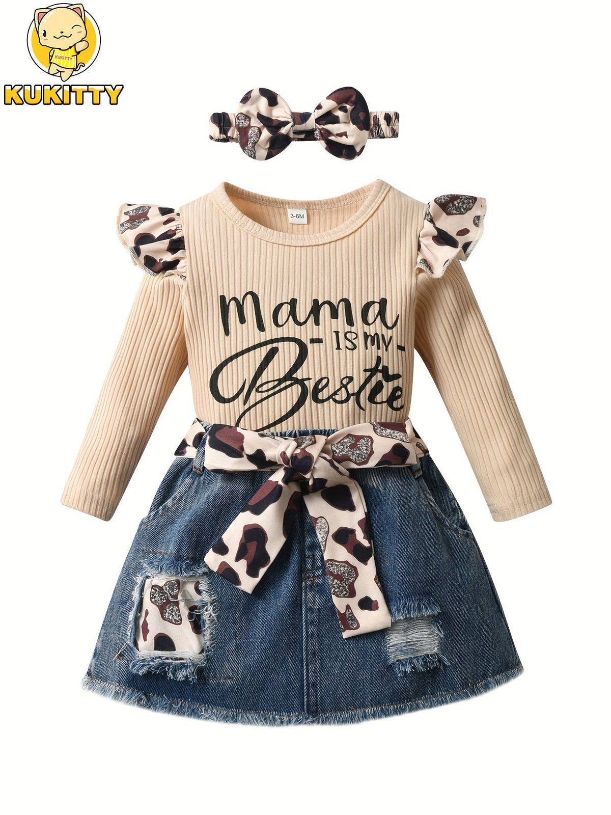 Baby Girls' Mama Is My Bestie Bodysuit and Denim Skirt Set with Leopard Accents for Coordinated Outfits