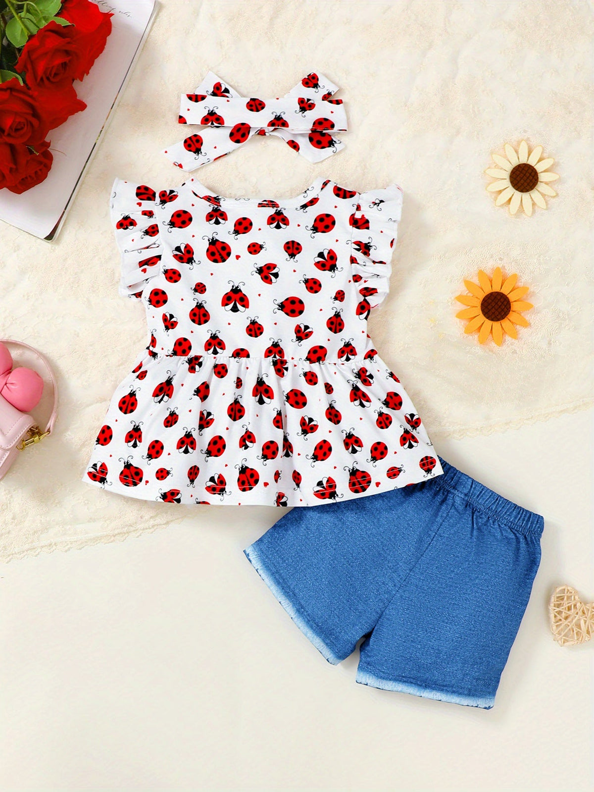 Baby Girl Ladybug Outfit Set with a Ruffle Sleeve Top and Blue Denim Look Shorts for Summer Casual Wear