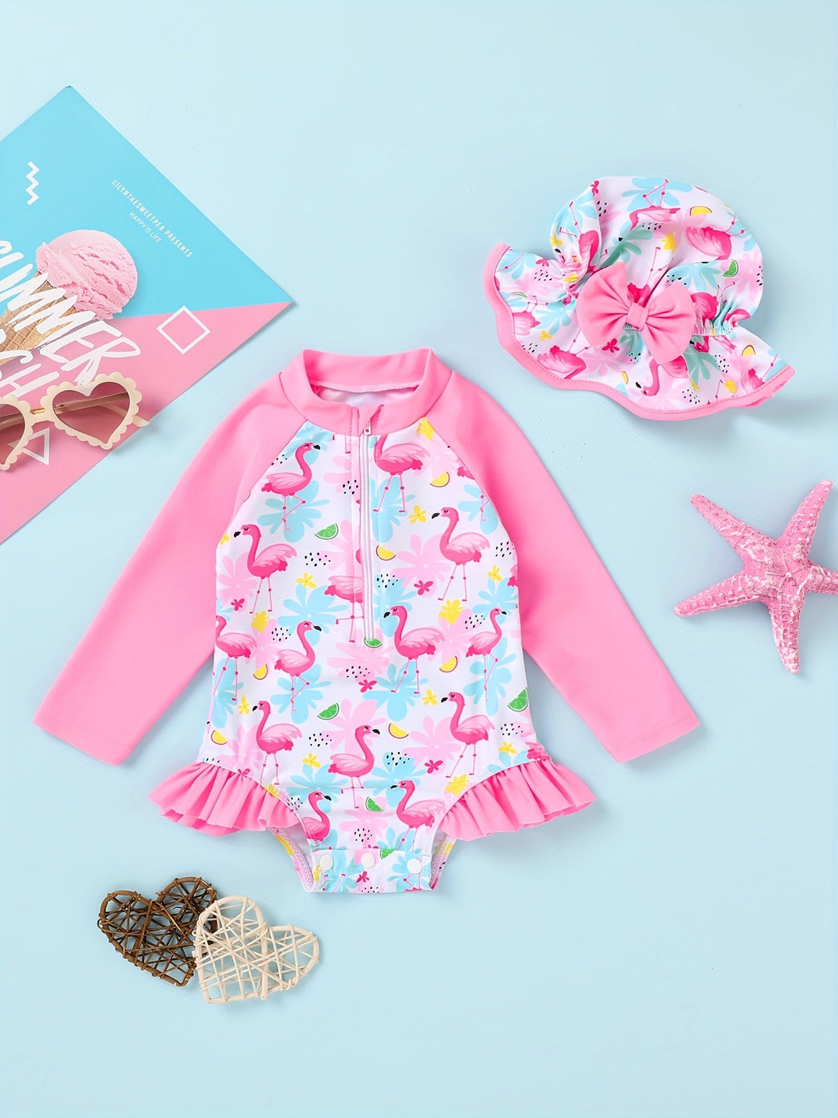 Baby Girls' Long Sleeve Swimsuit and Hat Set with a Front Zipper and Ruffle Trim for Poolside Outfits