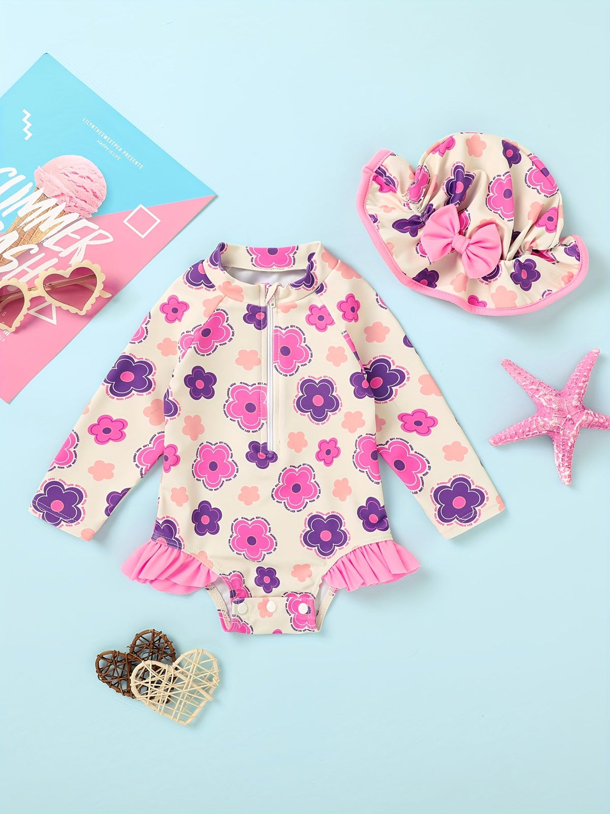 Baby Girls' Long Sleeve Swimsuit and Hat Set with a Front Zipper and Ruffle Trim for Poolside Outfits