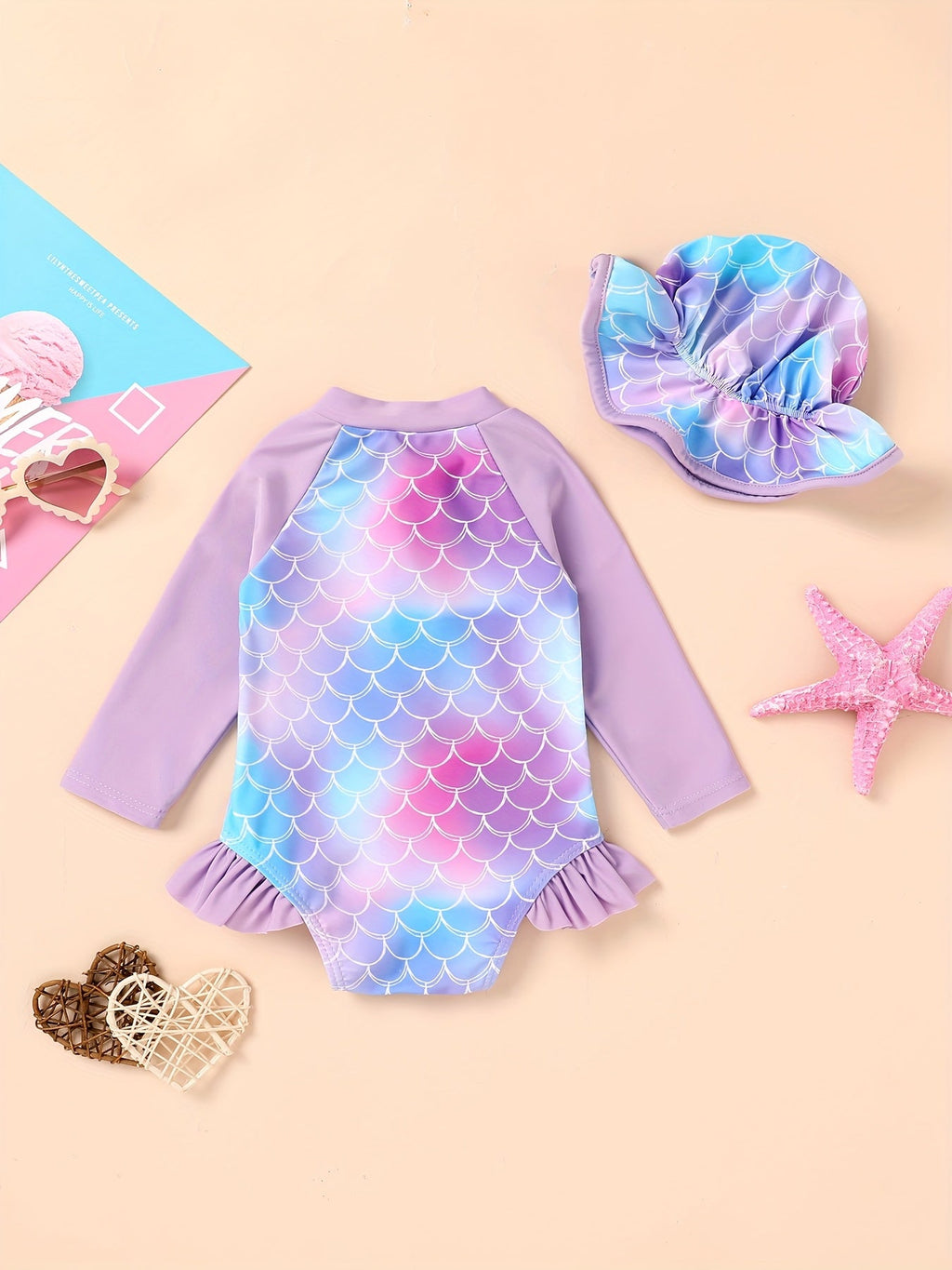 Baby Girls' Long Sleeve Swimsuit and Hat Set with a Front Zipper and Ruffle Trim for Poolside Outfits