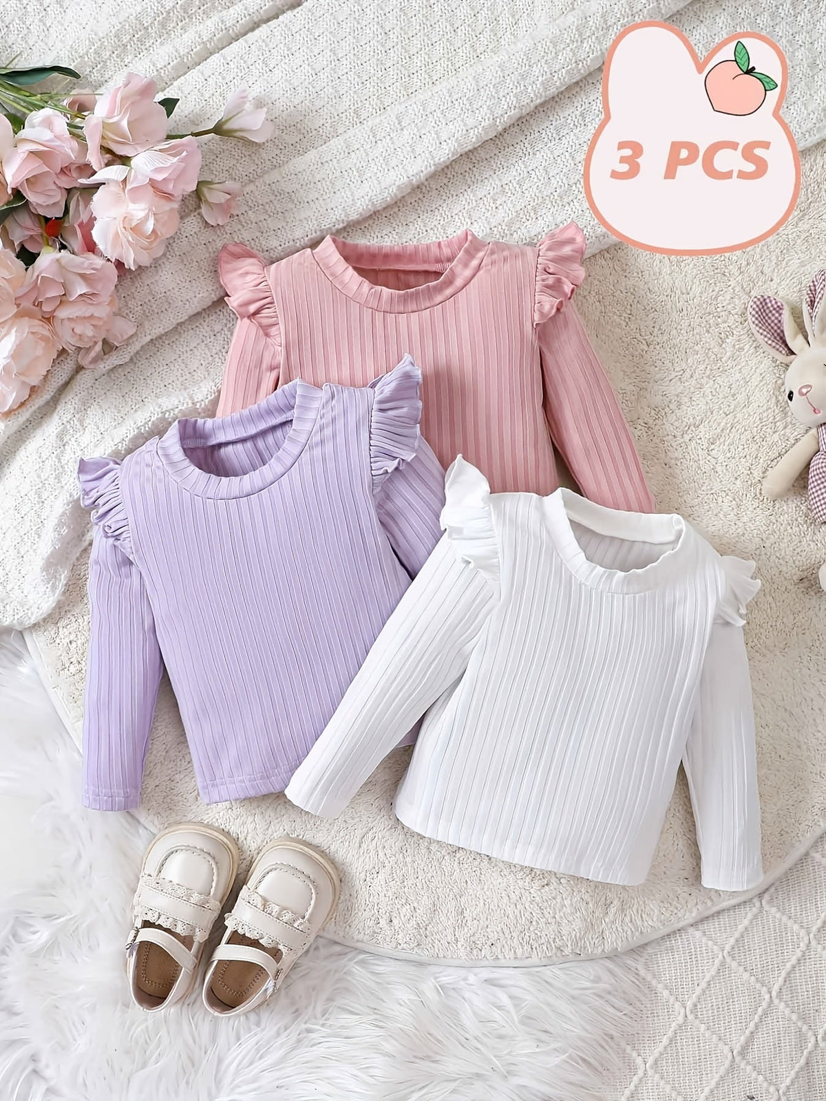 Baby Girls' Ribbed Tops Three-Pack with Long Sleeves and Ruffled Shoulders for Everyday Layered Outfits