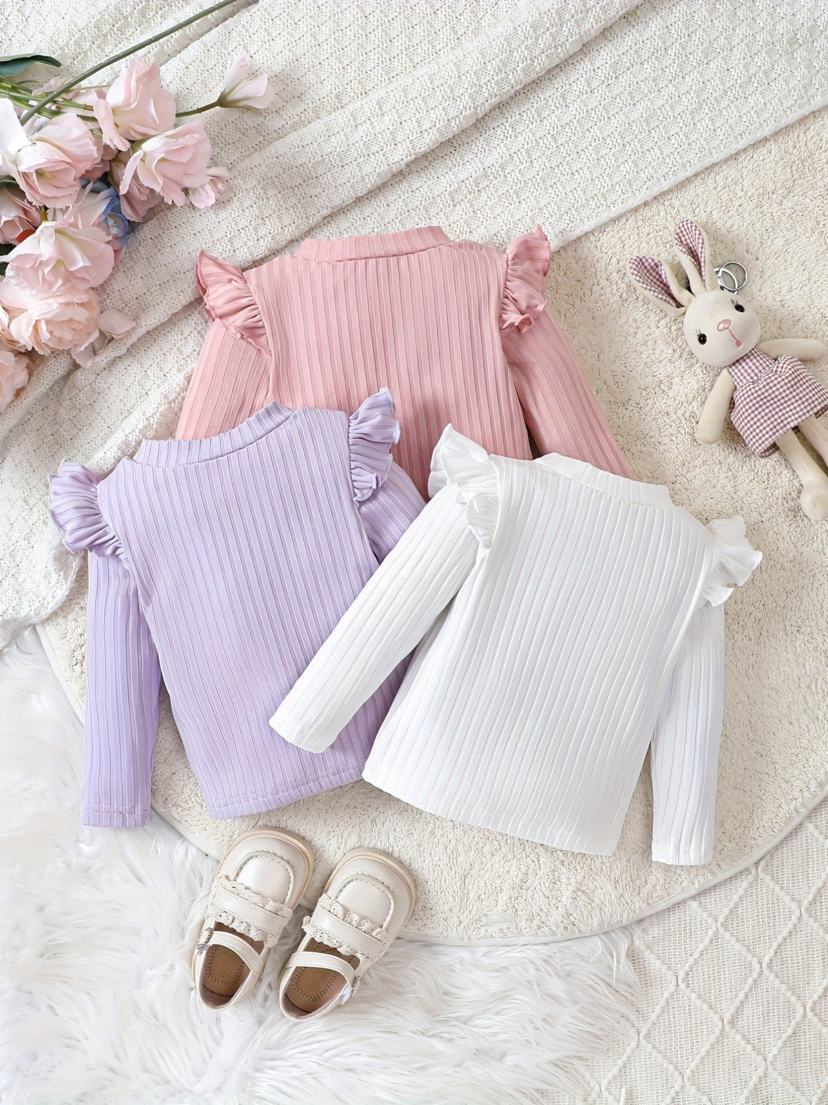 Baby Girls' Ribbed Tops Three-Pack with Long Sleeves and Ruffled Shoulders for Everyday Layered Outfits