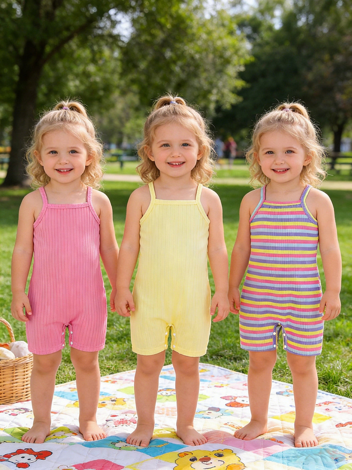 Girls' Ribbed Short Rompers Three Pack in Pink Yellow and Stripes with Shoulder Straps for Summer