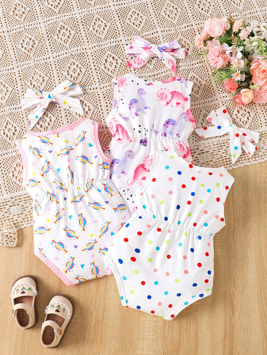 Baby Girls' Tie-Dye Bodysuit Set with Sleeveless Cuts and Coordinating Bow Headbands for Summer Outfits