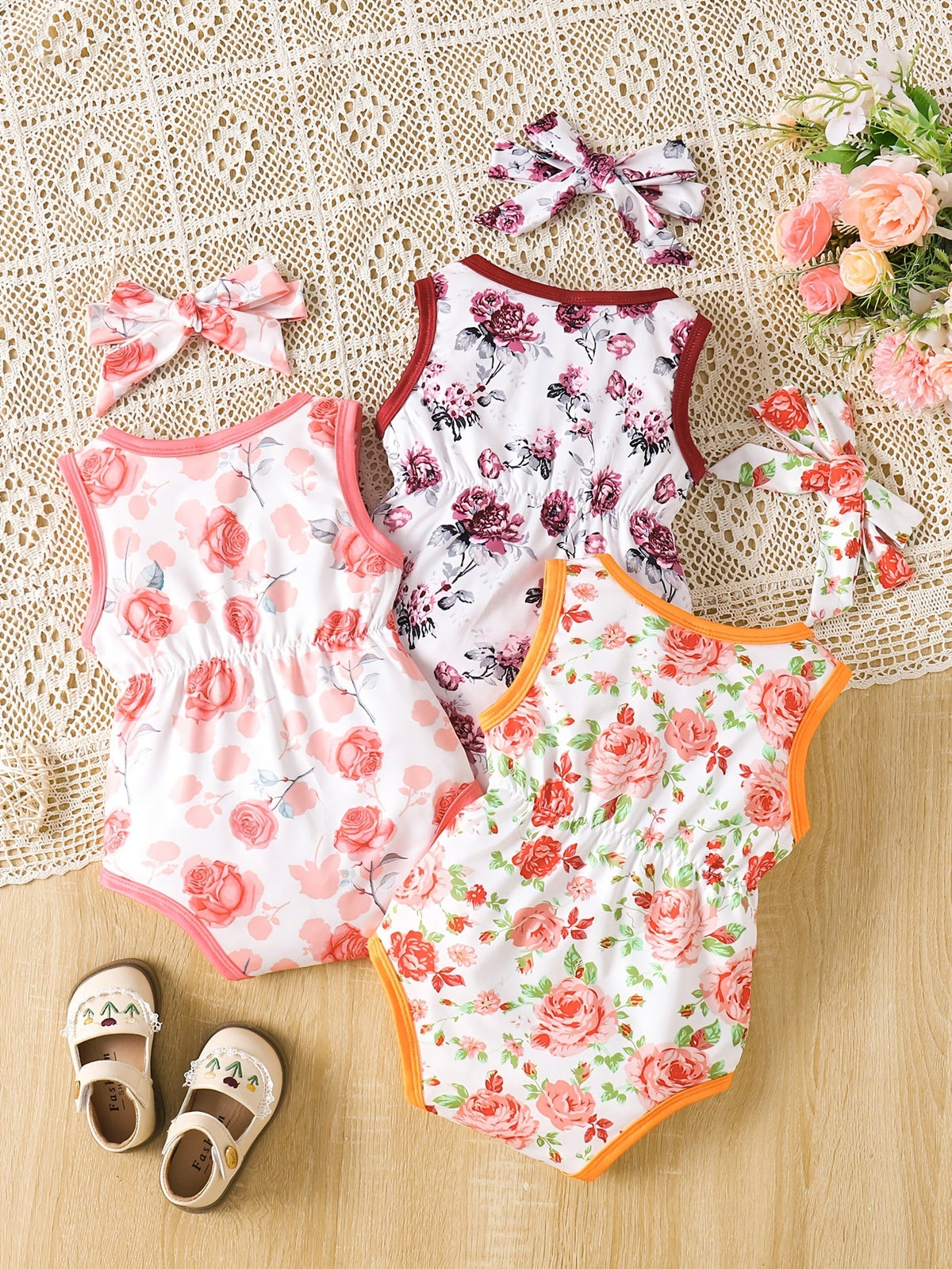 Baby Girls' Tie-Dye Bodysuit Set with Sleeveless Cuts and Coordinating Bow Headbands for Summer Outfits