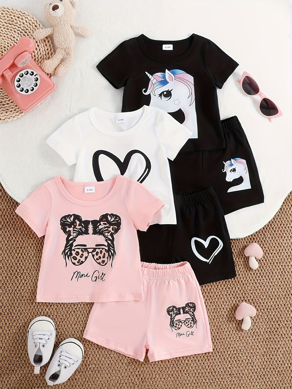Baby Girls' T-Shirt and Shorts Sets in Three Random Cartoon Packs for Everyday Summer Playtime