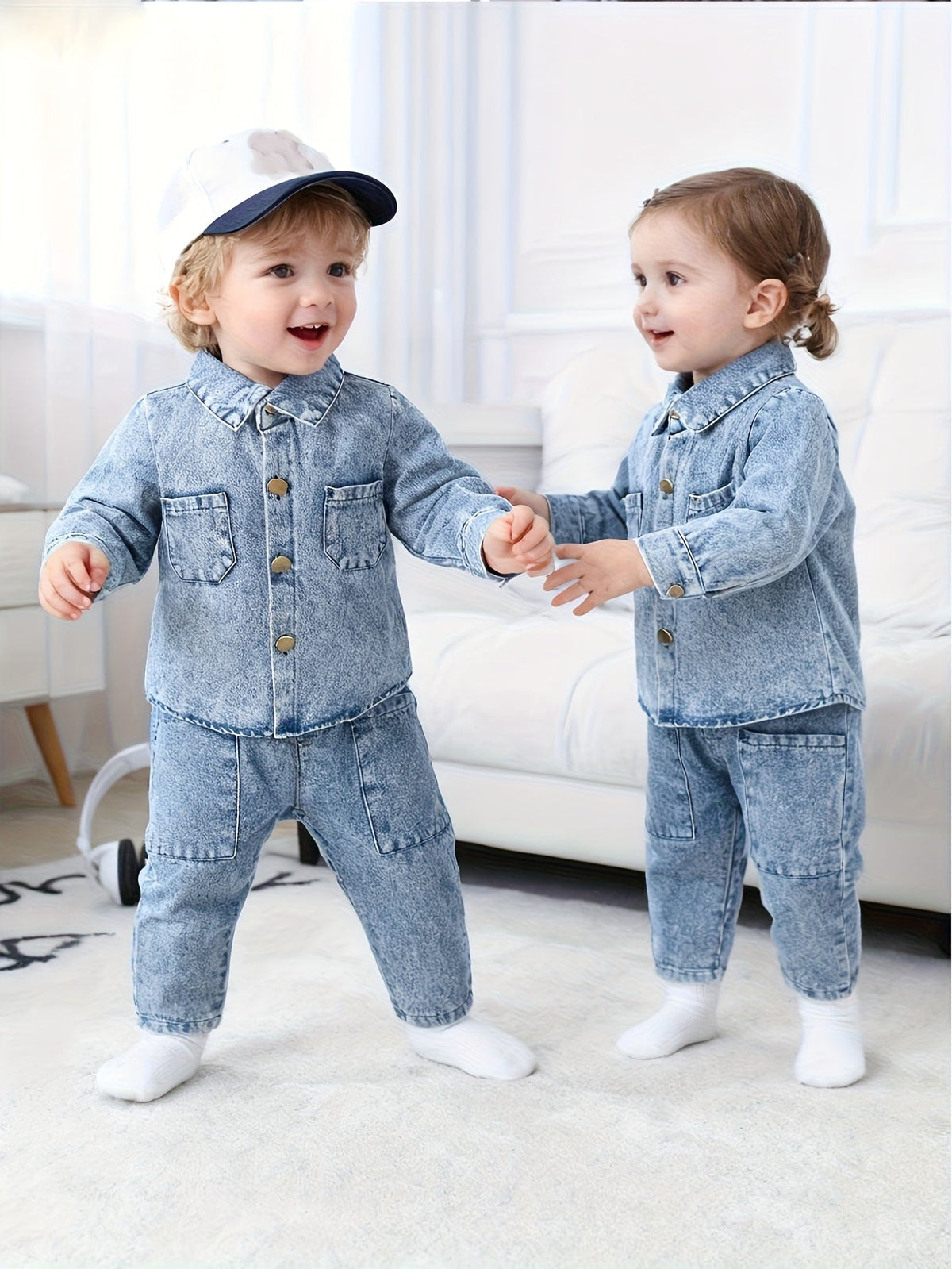Baby Girls' Denim Jacket and Pants Set with Patch Pockets and an Elastic Waist for Casual Outings