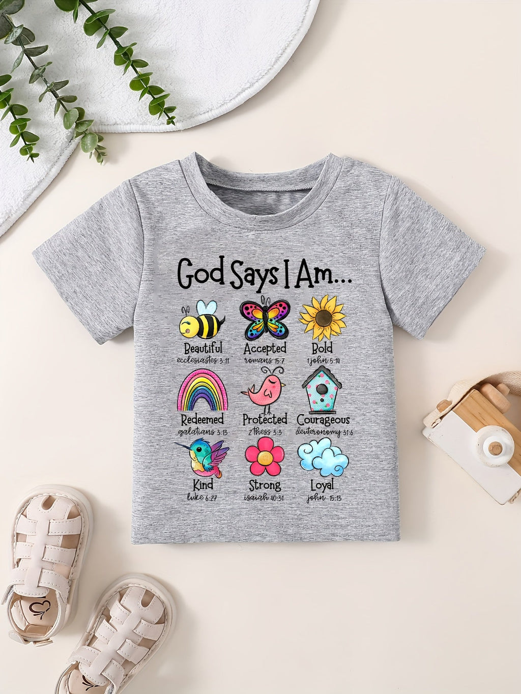 Girls' God Says I Am Graphic T-Shirt with Colorful Nature Motifs and Short Sleeves for Casual Everyday Wear