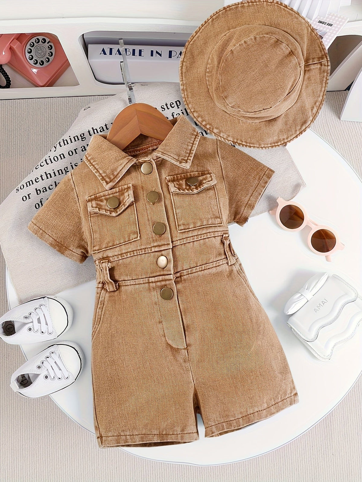 Baby Girls' Short Sleeve Denim Style Romper Set with a Matching Bucket Hat for Summer Outfits