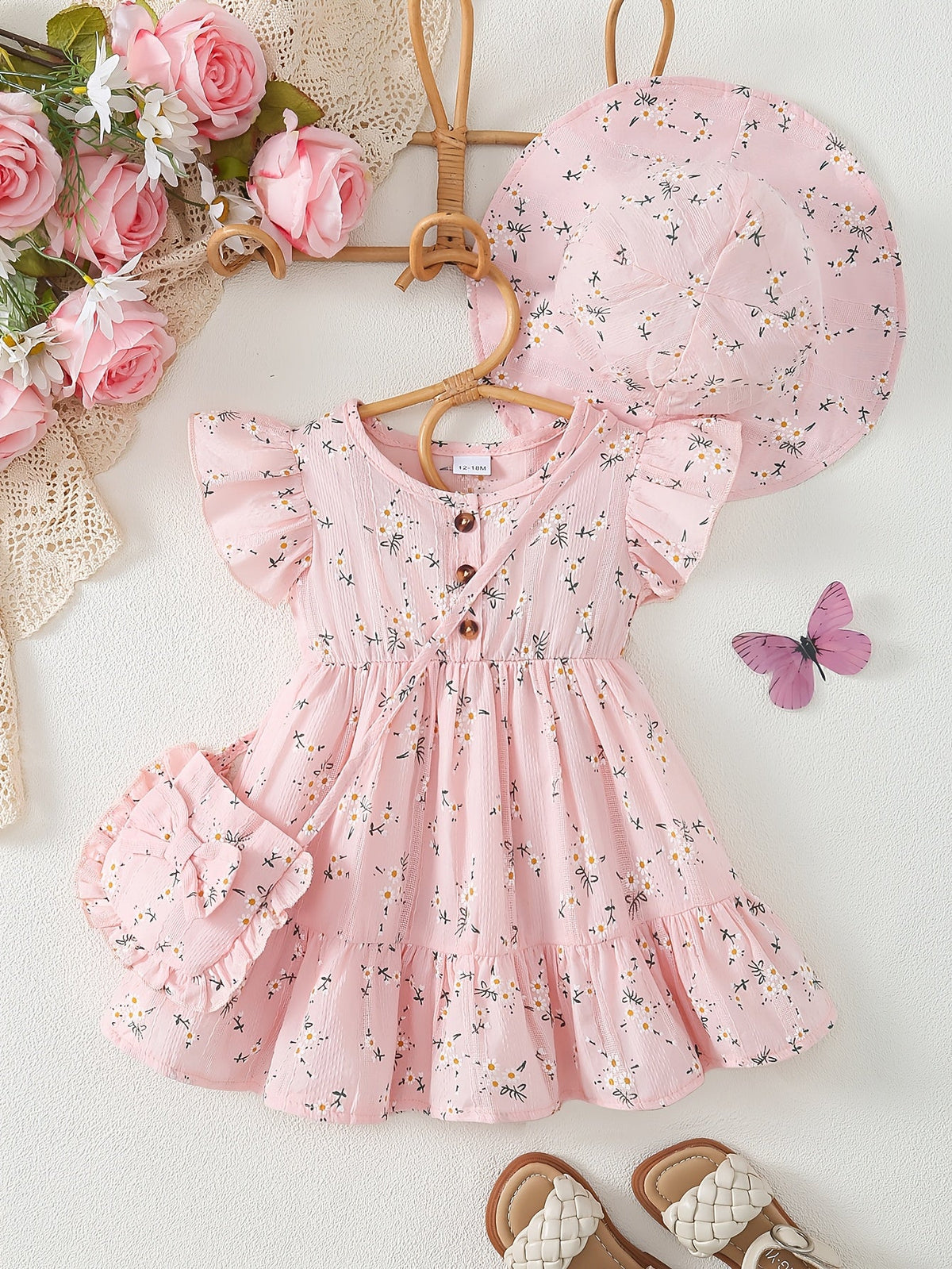 Girls' Floral Dress Set with a Matching Sun Hat and Small Bag for Coordinated Warm Weather Outfits