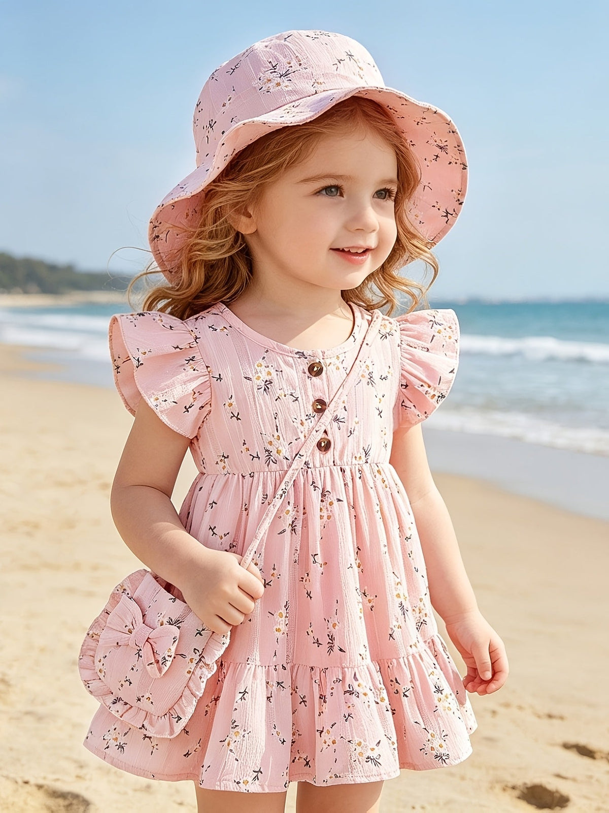 Girls' Floral Dress Set with a Matching Sun Hat and Small Bag for Coordinated Warm Weather Outfits
