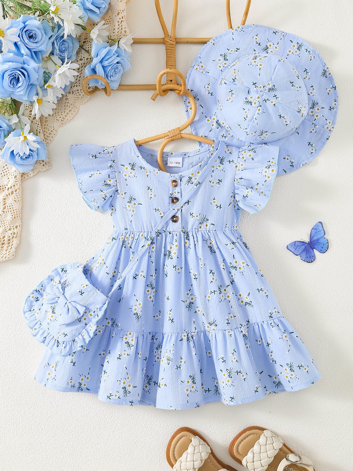Girls' Floral Dress Set with a Matching Sun Hat and Small Bag for Coordinated Warm Weather Outfits