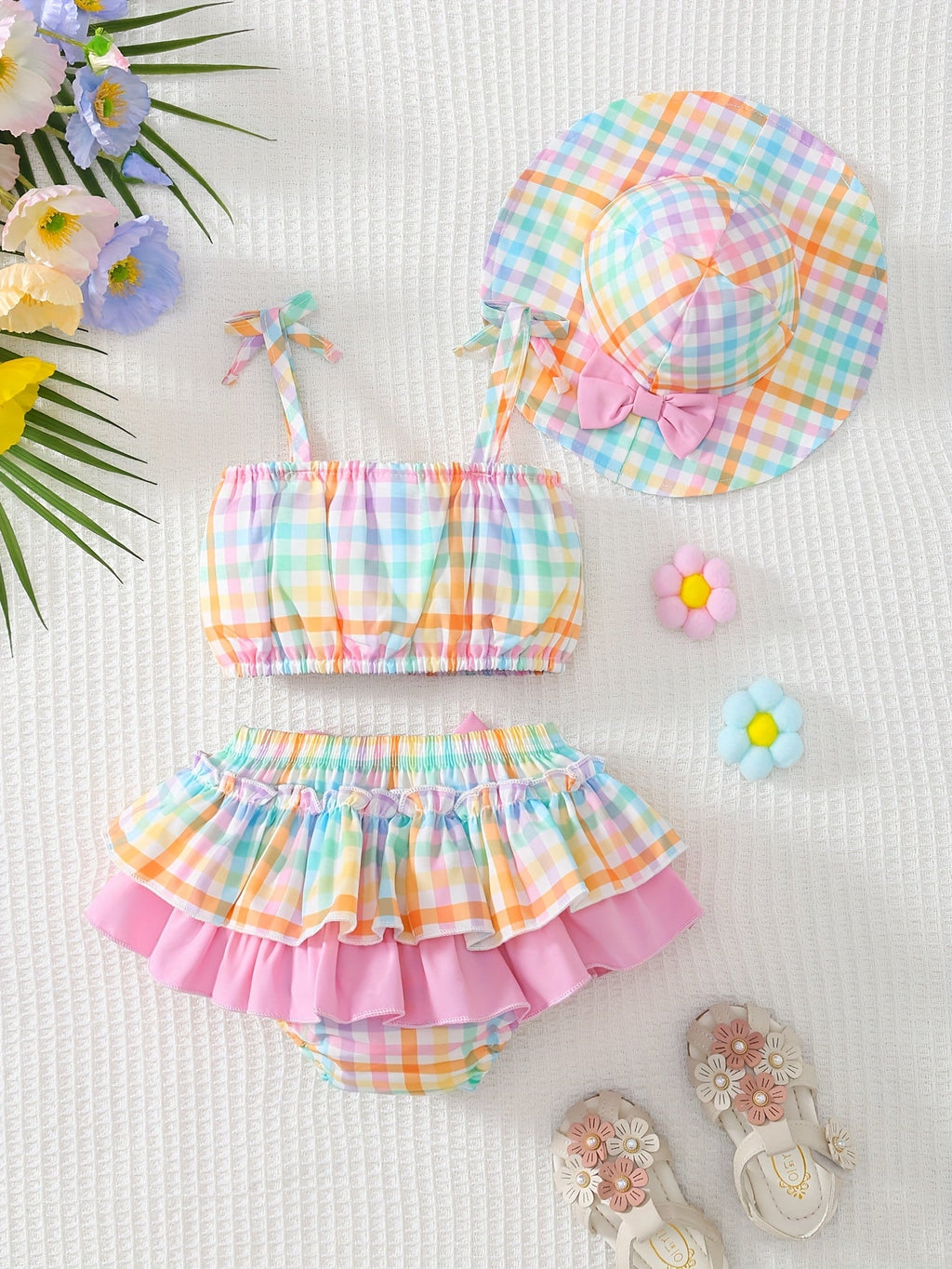 Baby Girls' Pastel Check Outfit Set with Bow Details and a Matching Sun Hat for Summer Outings
