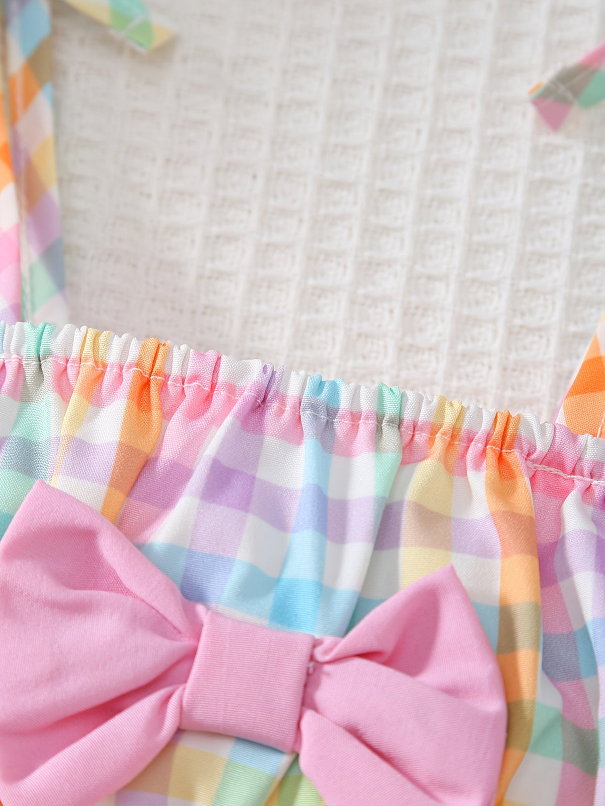 Baby Girls' Pastel Check Outfit Set with Bow Details and a Matching Sun Hat for Summer Outings