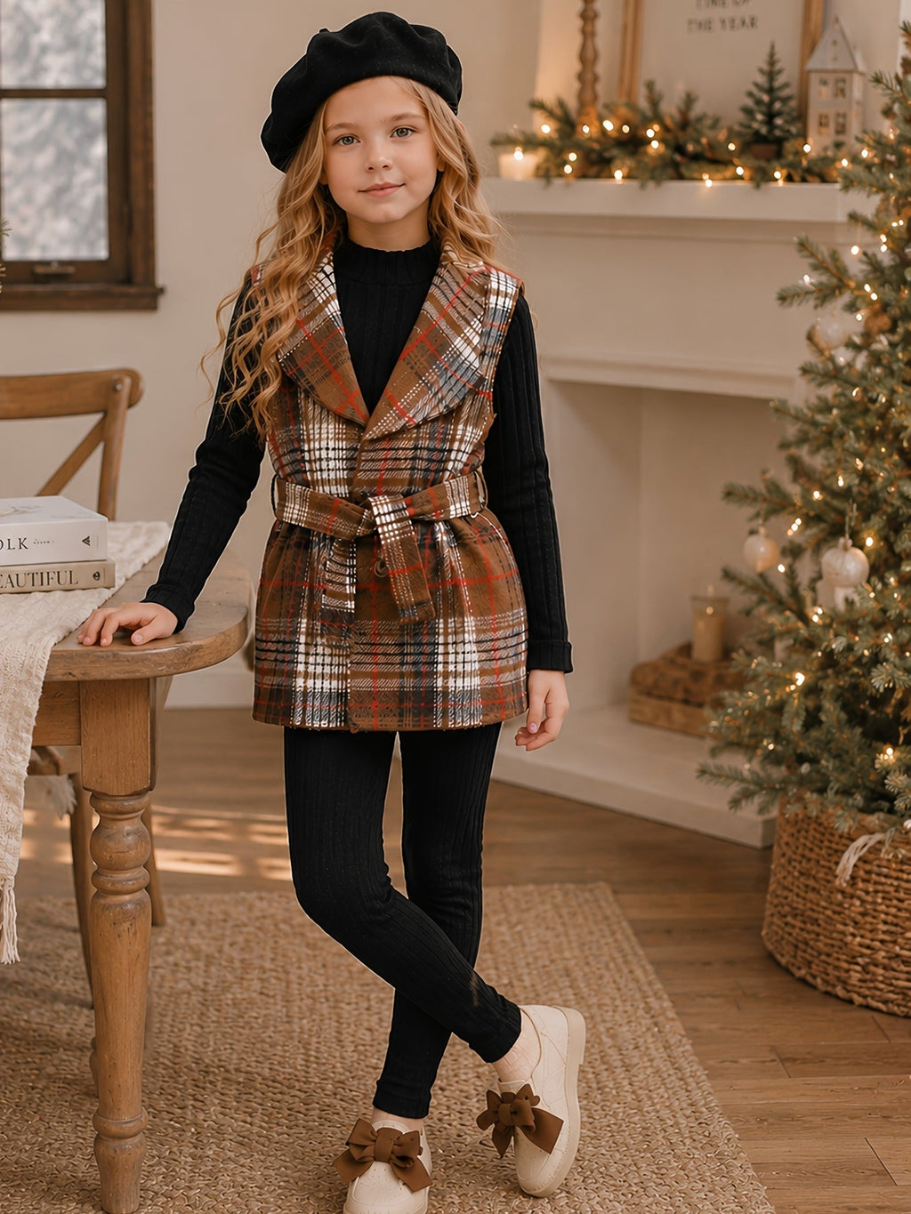 Girls Outfit Set in Brown Plaid and Black with a Belted Vest for Coordinated Autumn Layering
