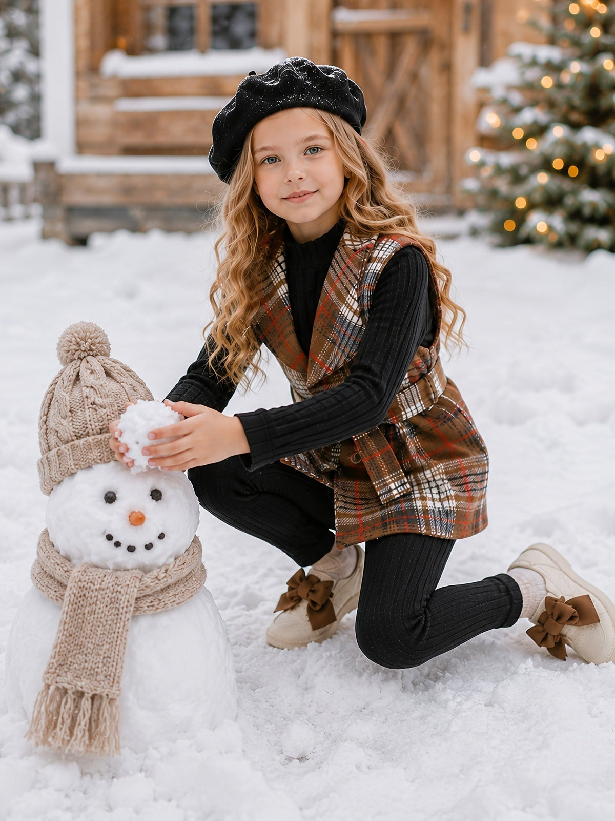 Girls Outfit Set in Brown Plaid and Black with a Belted Vest for Coordinated Autumn Layering