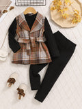 Girls Outfit Set in Brown Plaid and Black with a Belted Vest for Coordinated Autumn Layering