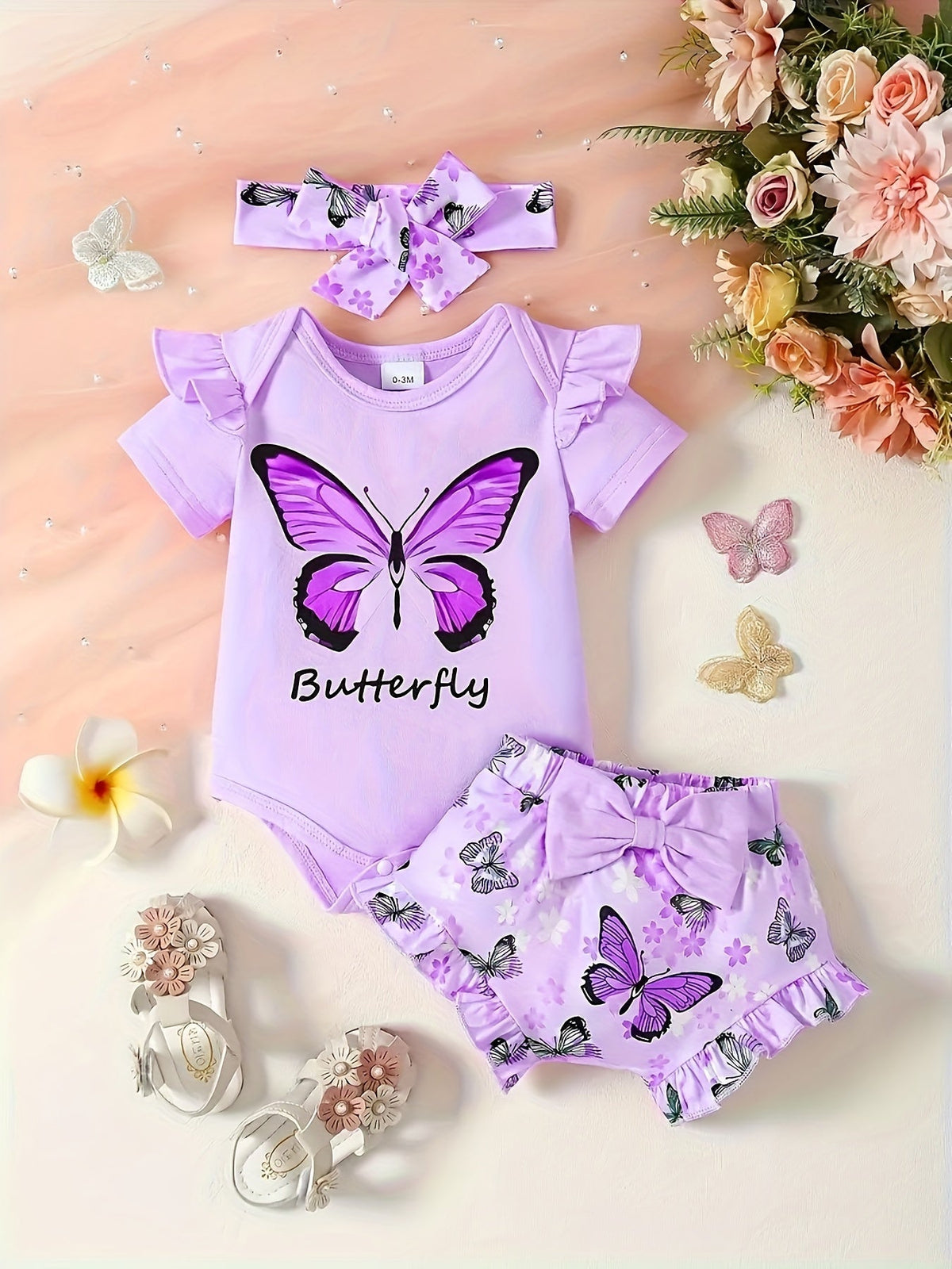 Baby Girls' Butterfly Outfit Set with a Ruffle Sleeve Bodysuit and Matching Shorts Plus a Bow Headband