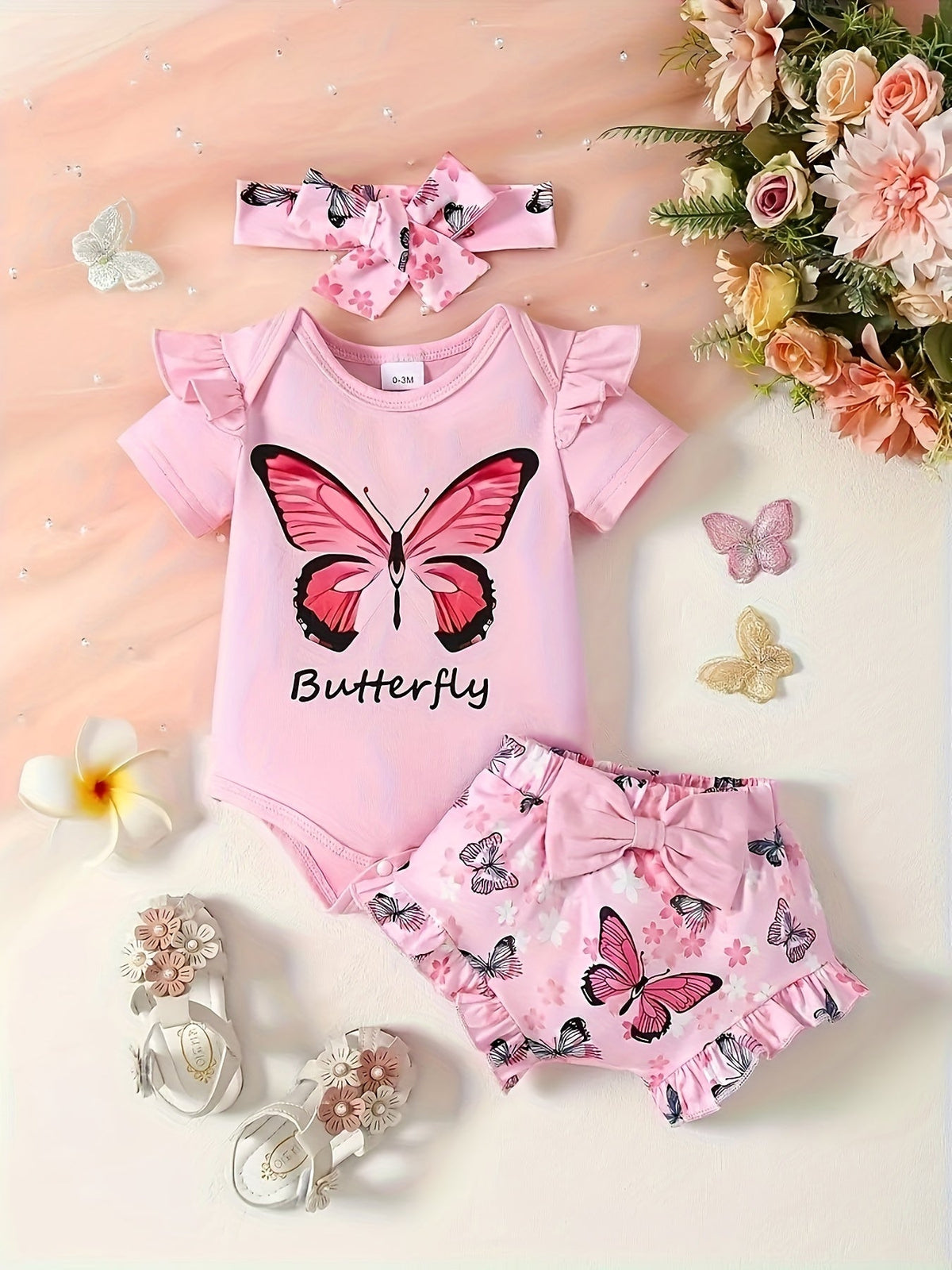 Baby Girls' Butterfly Outfit Set with a Ruffle Sleeve Bodysuit and Matching Shorts Plus a Bow Headband