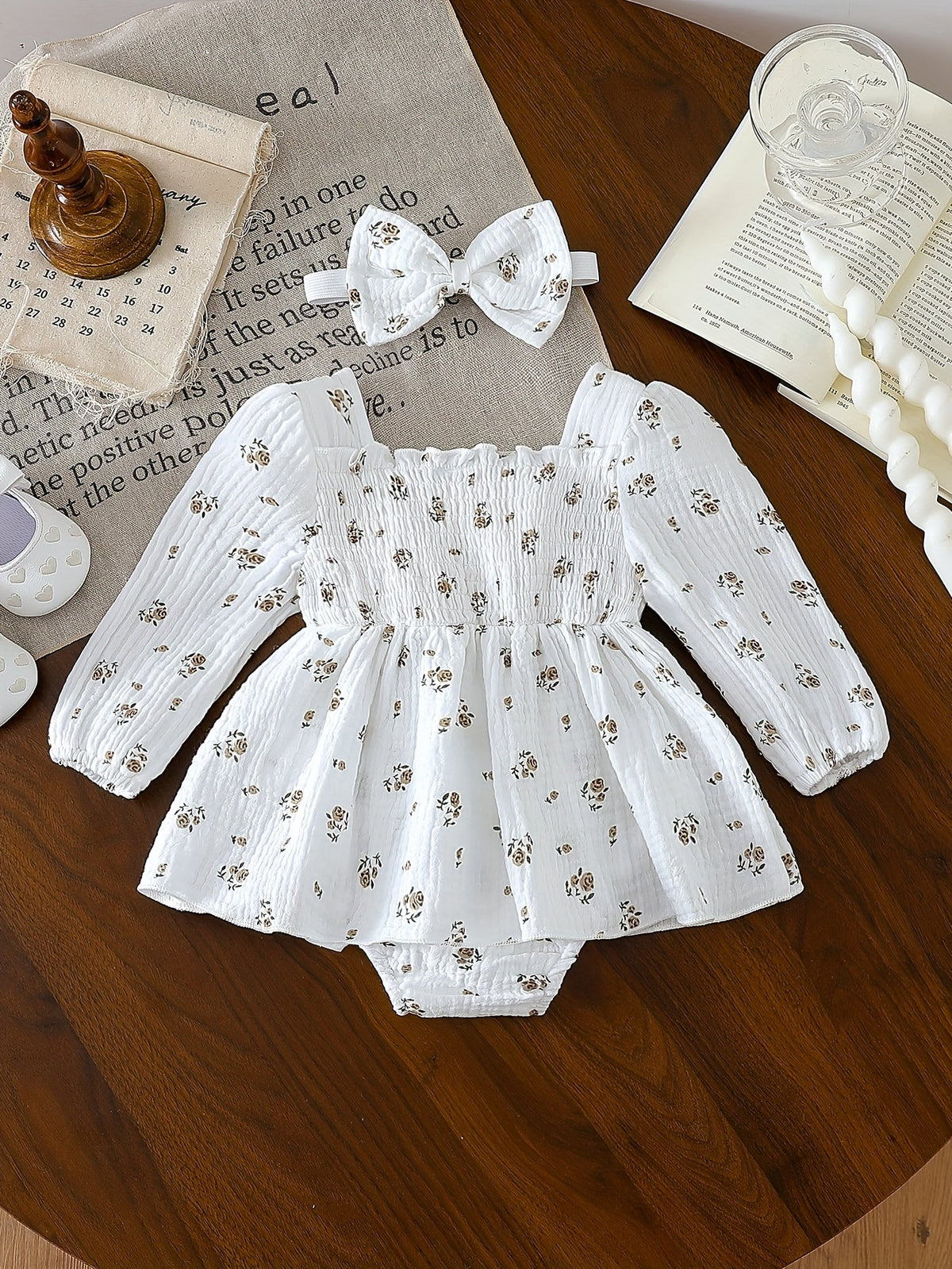 Baby Girls' Floral Romper with Smocked Bodice and Long Sleeves Plus Matching Bow Headband in Cream or White