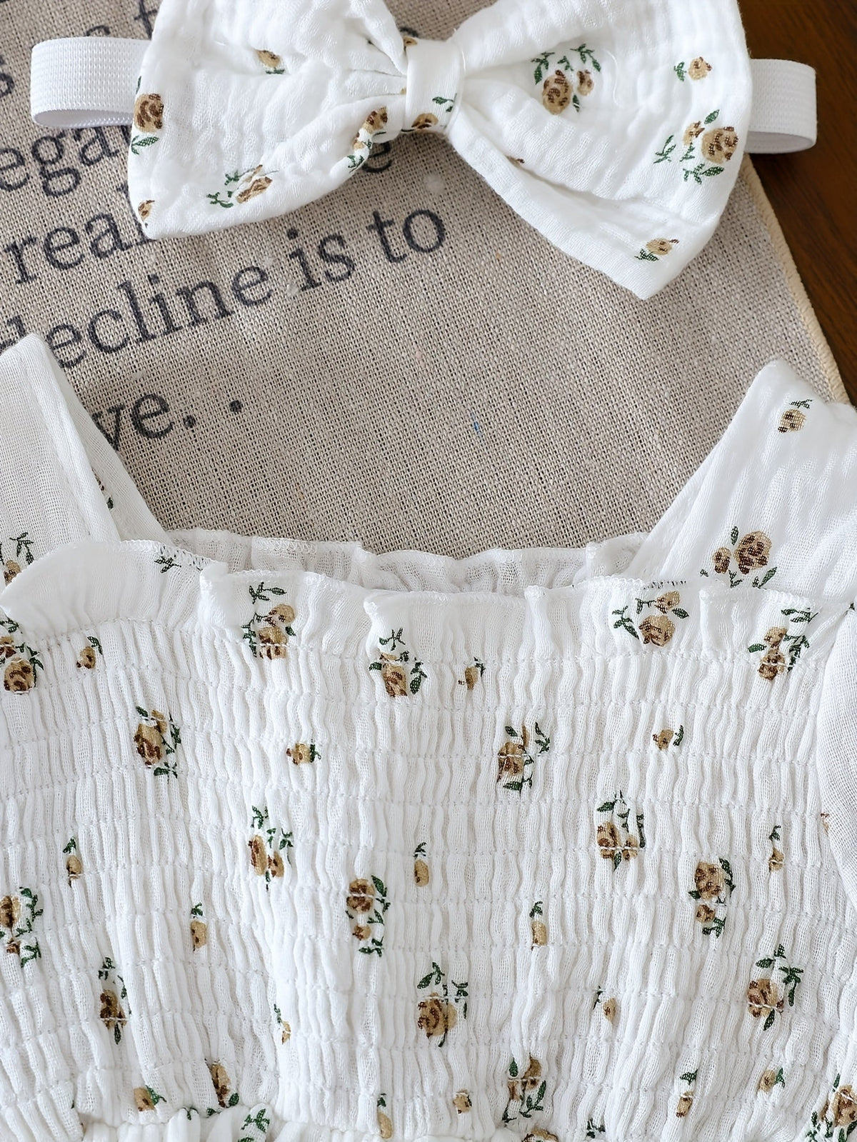 Baby Girls' Floral Romper with Smocked Bodice and Long Sleeves Plus Matching Bow Headband in Cream or White