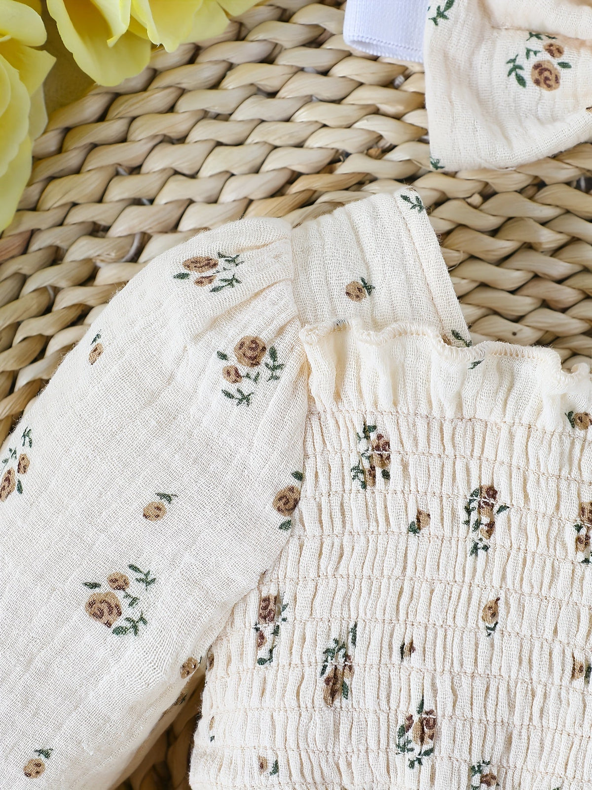 Baby Girls' Floral Romper with Smocked Bodice and Long Sleeves Plus Matching Bow Headband in Cream or White