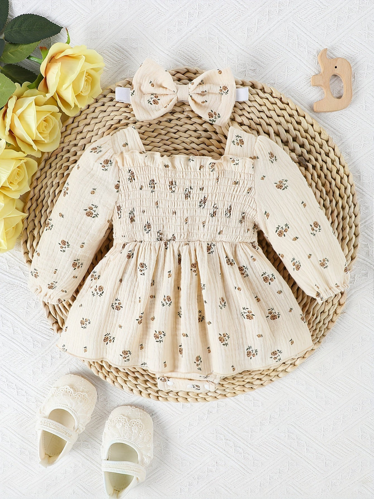 Baby Girls' Floral Romper with Smocked Bodice and Long Sleeves Plus Matching Bow Headband in Cream or White