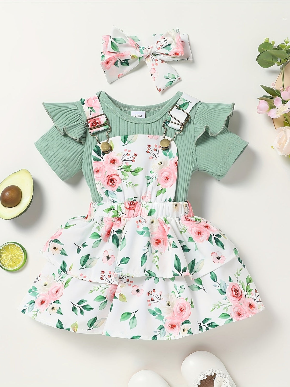 Baby Girl Floral Skirt Outfit with a Green Ruffle Sleeve Top and Matching Bow Headband for Summer Wear
