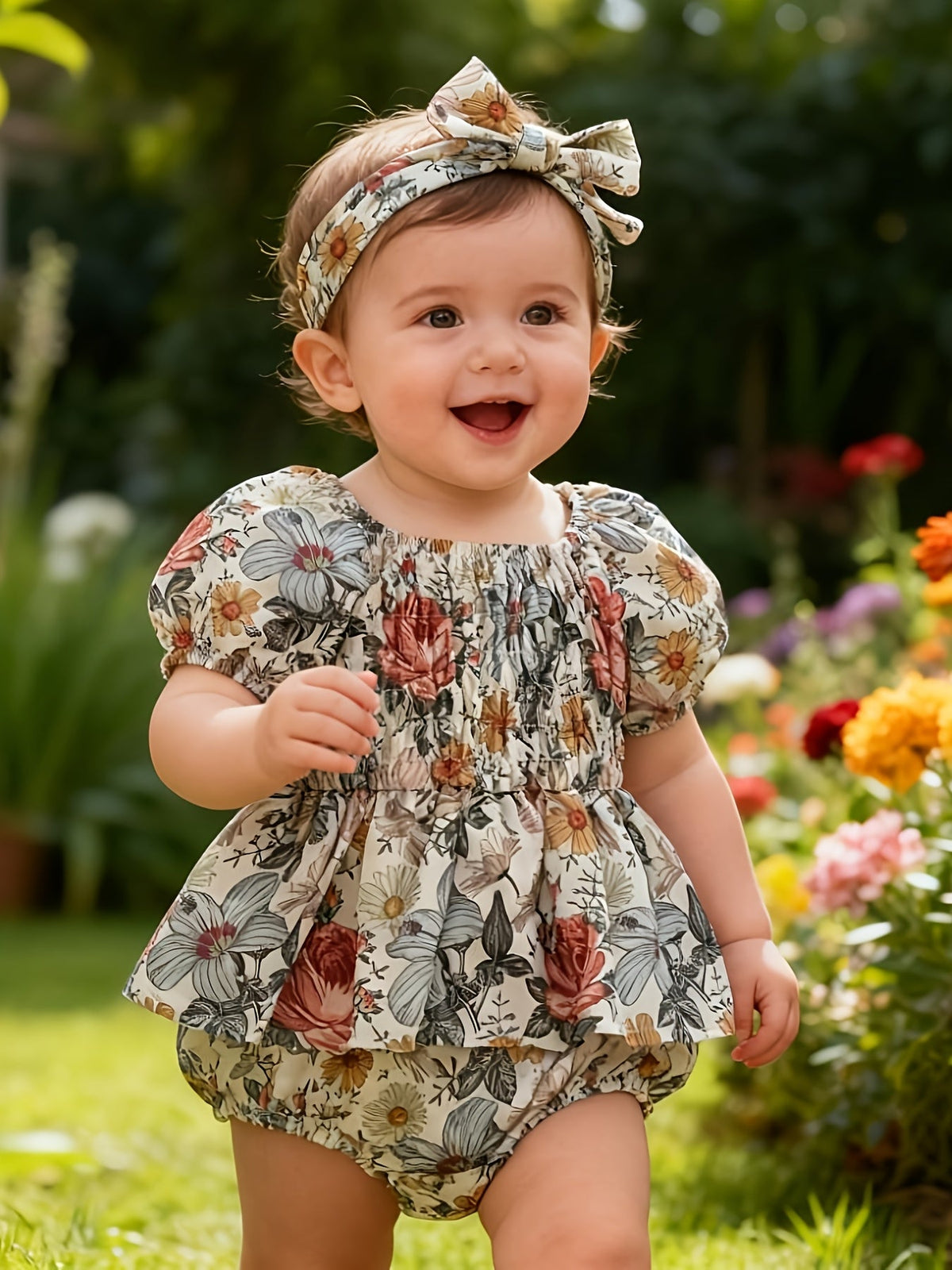 Baby Girls' Floral Romper Outfit with Puff Sleeves and a Smocked Bodice, Including a Matching Headband
