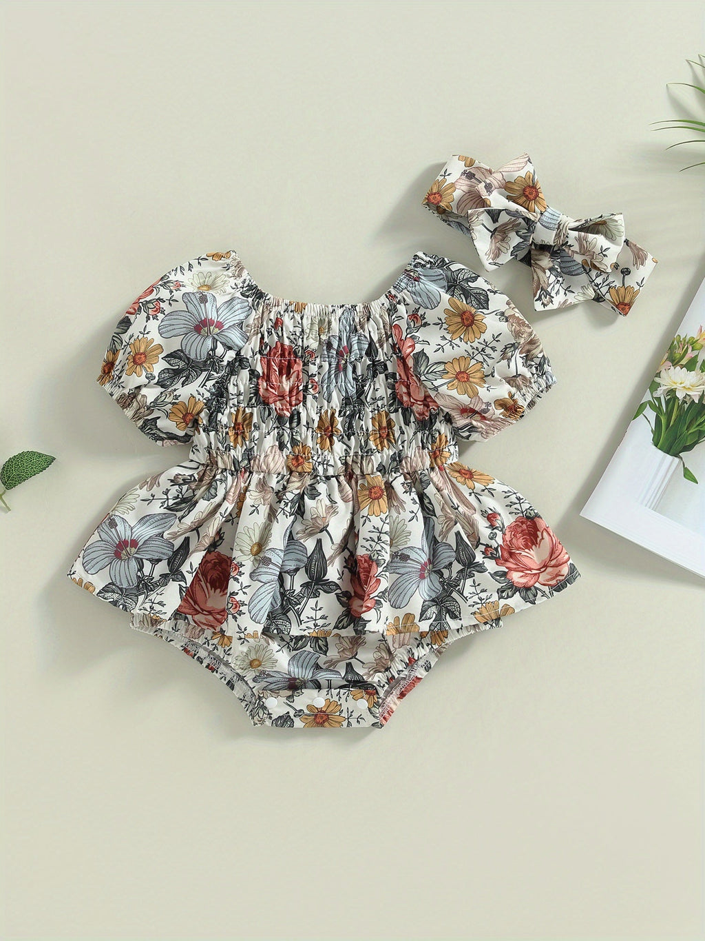 Baby Girls' Floral Romper Outfit with Puff Sleeves and a Smocked Bodice, Including a Matching Headband