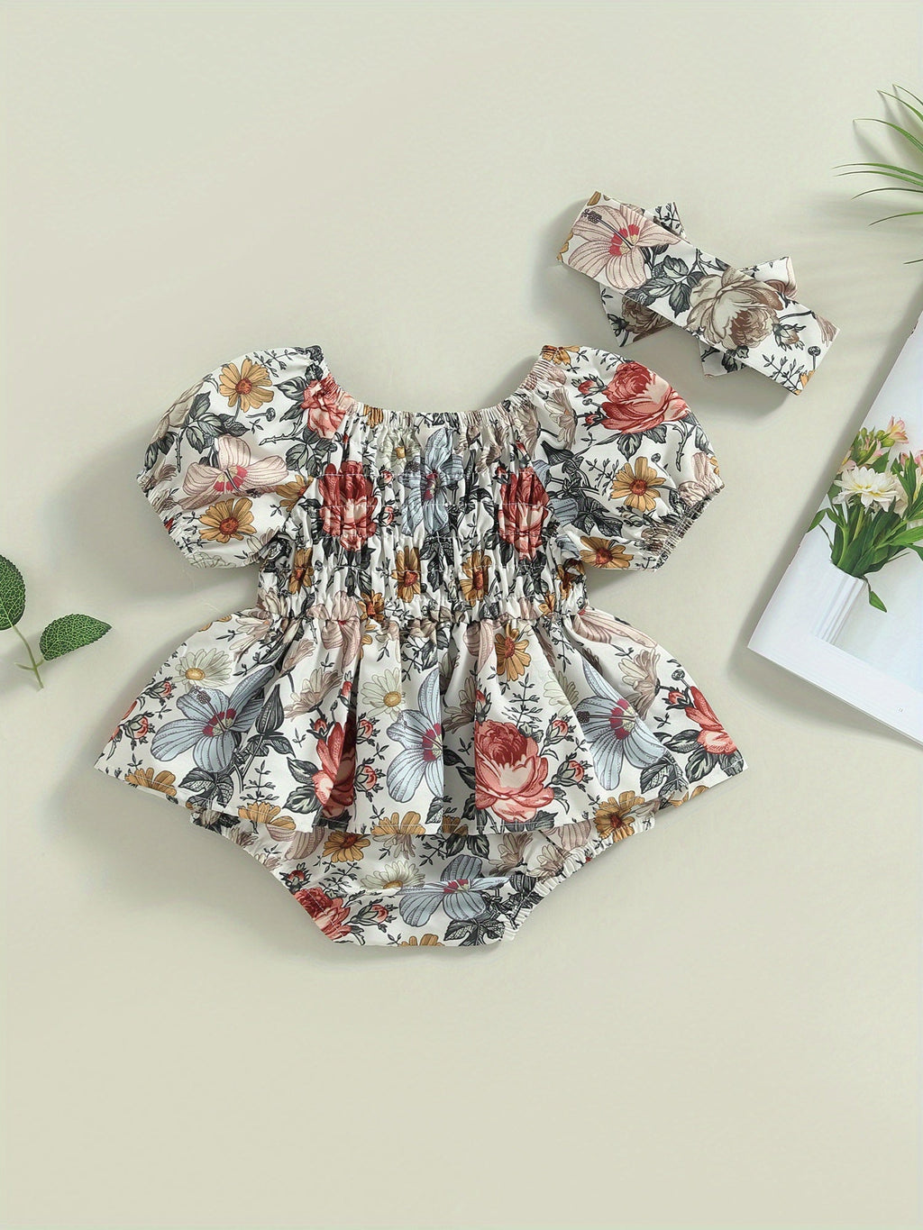Baby Girls' Floral Romper Outfit with Puff Sleeves and a Smocked Bodice, Including a Matching Headband
