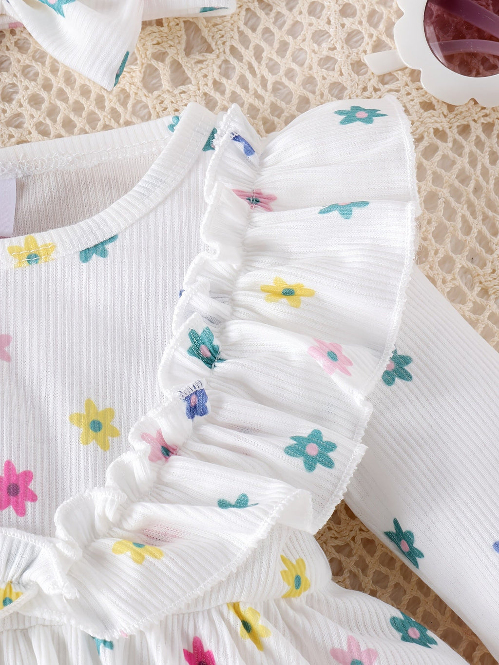 Baby Girls' Floral Romper Set with Long Sleeves and Lace-Trim Socks for a Coordinated White Outfit