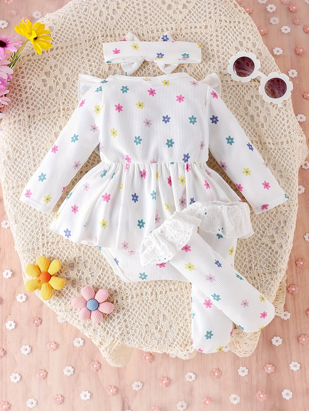 Baby Girls' Floral Romper Set with Long Sleeves and Lace-Trim Socks for a Coordinated White Outfit