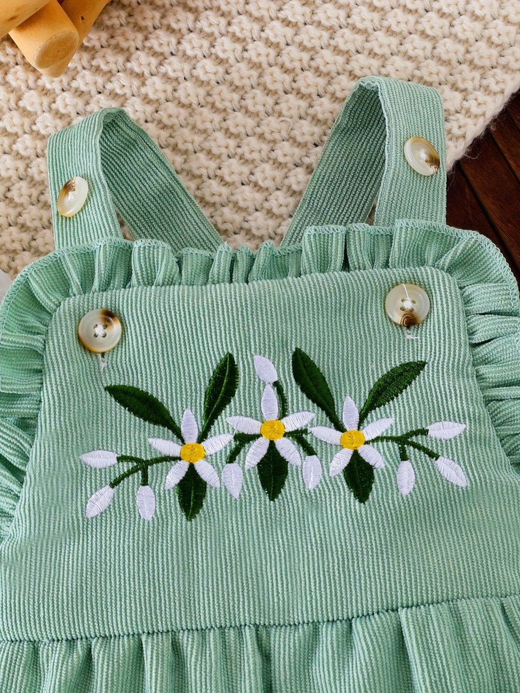 Baby Girls' Green Floral Overall Set with a White Long Sleeve Top and Matching Bow Headband for Spring