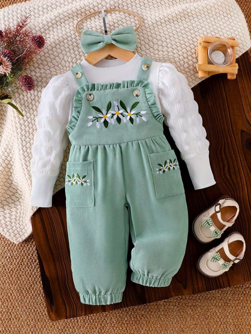 Baby Girls' Green Floral Overall Set with a White Long Sleeve Top and Matching Bow Headband for Spring
