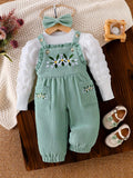 Baby Girls' Green Floral Overall Set with a White Long Sleeve Top and Matching Bow Headband for Spring