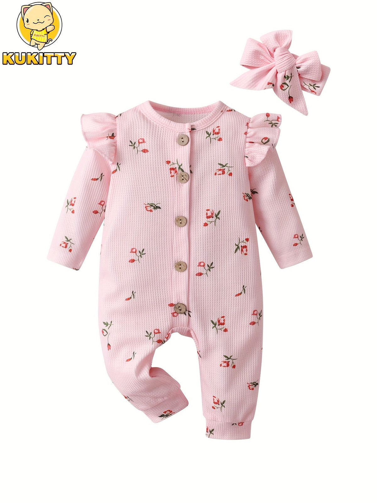 Baby Girl Beige Floral Waffle Romper and Headband Set with Ruffle Shoulders and Long Sleeves for Daily Wear