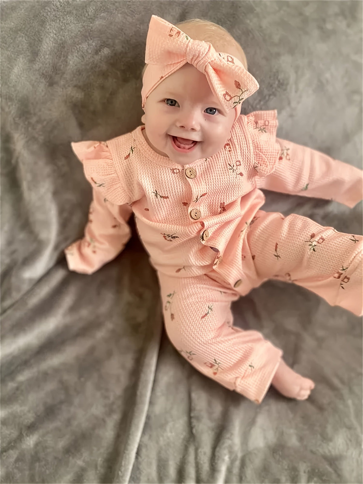 Baby Girl Beige Floral Waffle Romper and Headband Set with Ruffle Shoulders and Long Sleeves for Daily Wear