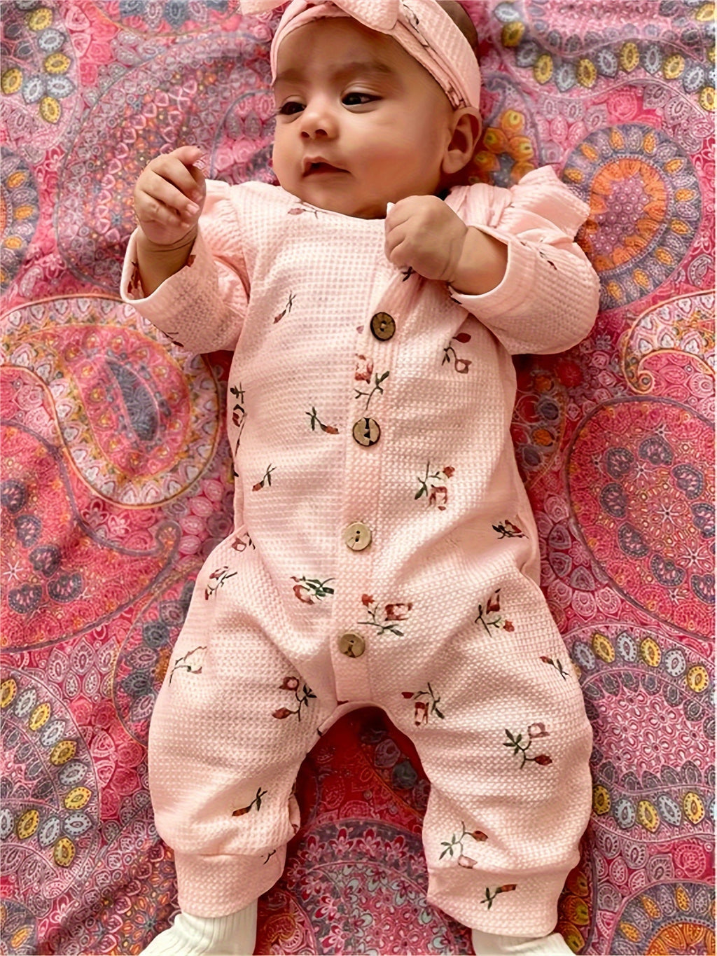 Baby Girl Beige Floral Waffle Romper and Headband Set with Ruffle Shoulders and Long Sleeves for Daily Wear