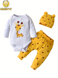 Baby Girls' Giraffe Print Bodysuit Outfit with Polka Dot Pants and a Matching Hat in Yellow or Pink