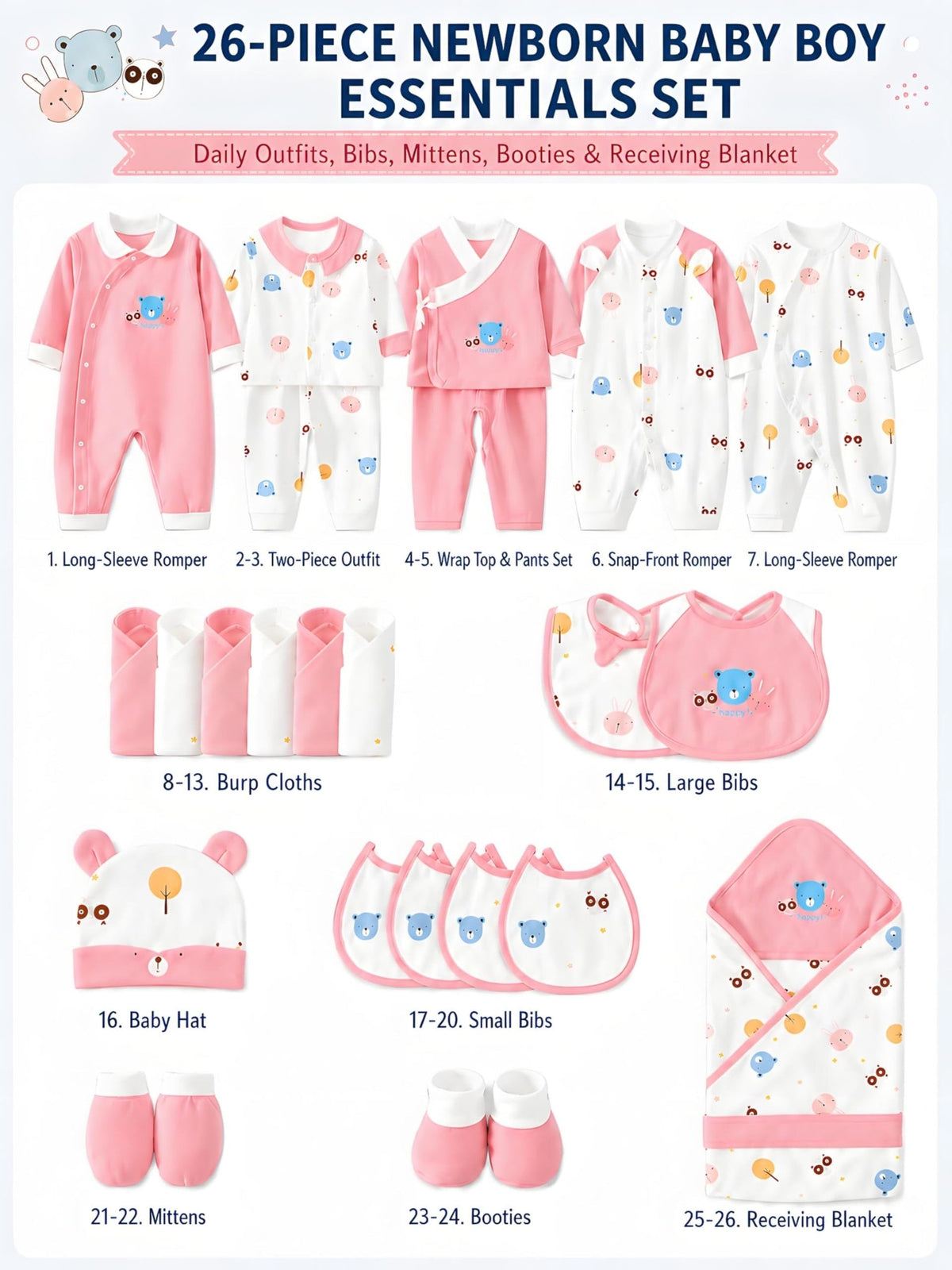 Pink Baby Clothing Set Featuring 26 Pieces of Bear Print Outfits, Bibs and Receiving Blankets