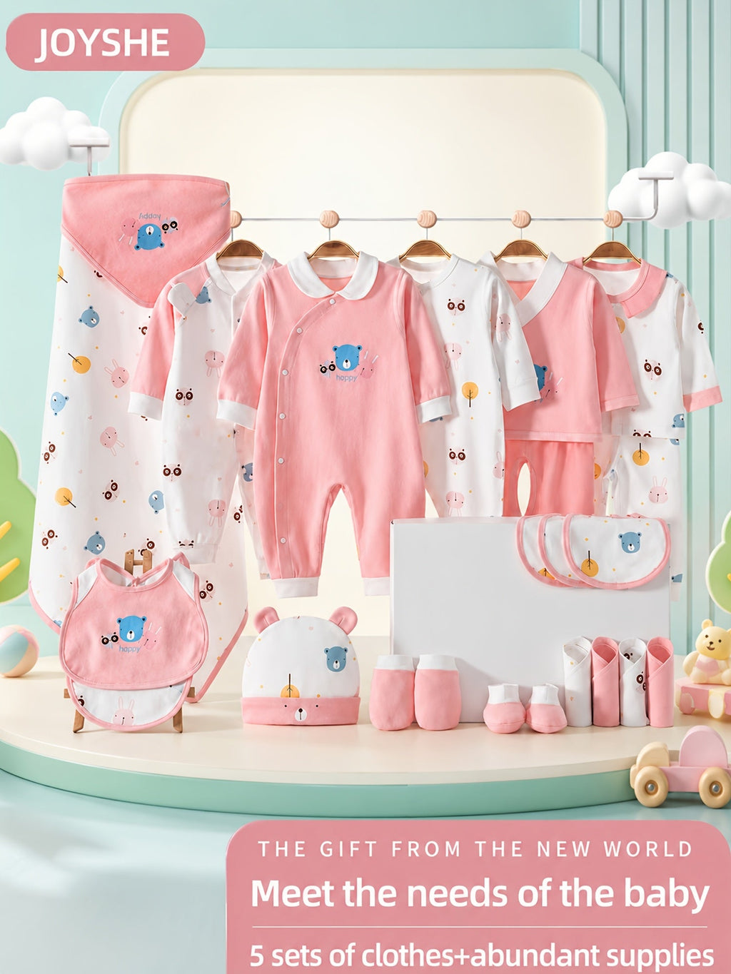 Pink Baby Clothing Set Featuring 26 Pieces of Bear Print Outfits, Bibs and Receiving Blankets