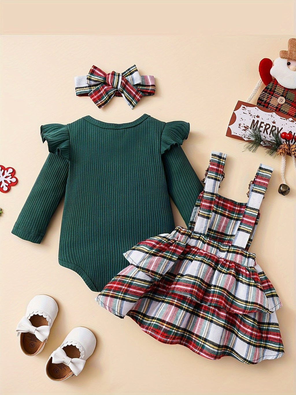 Baby Girls' Plaid Outfit Set with a Ribbed Long Sleeve Bodysuit and Suspender Skirt Plus Matching Headband