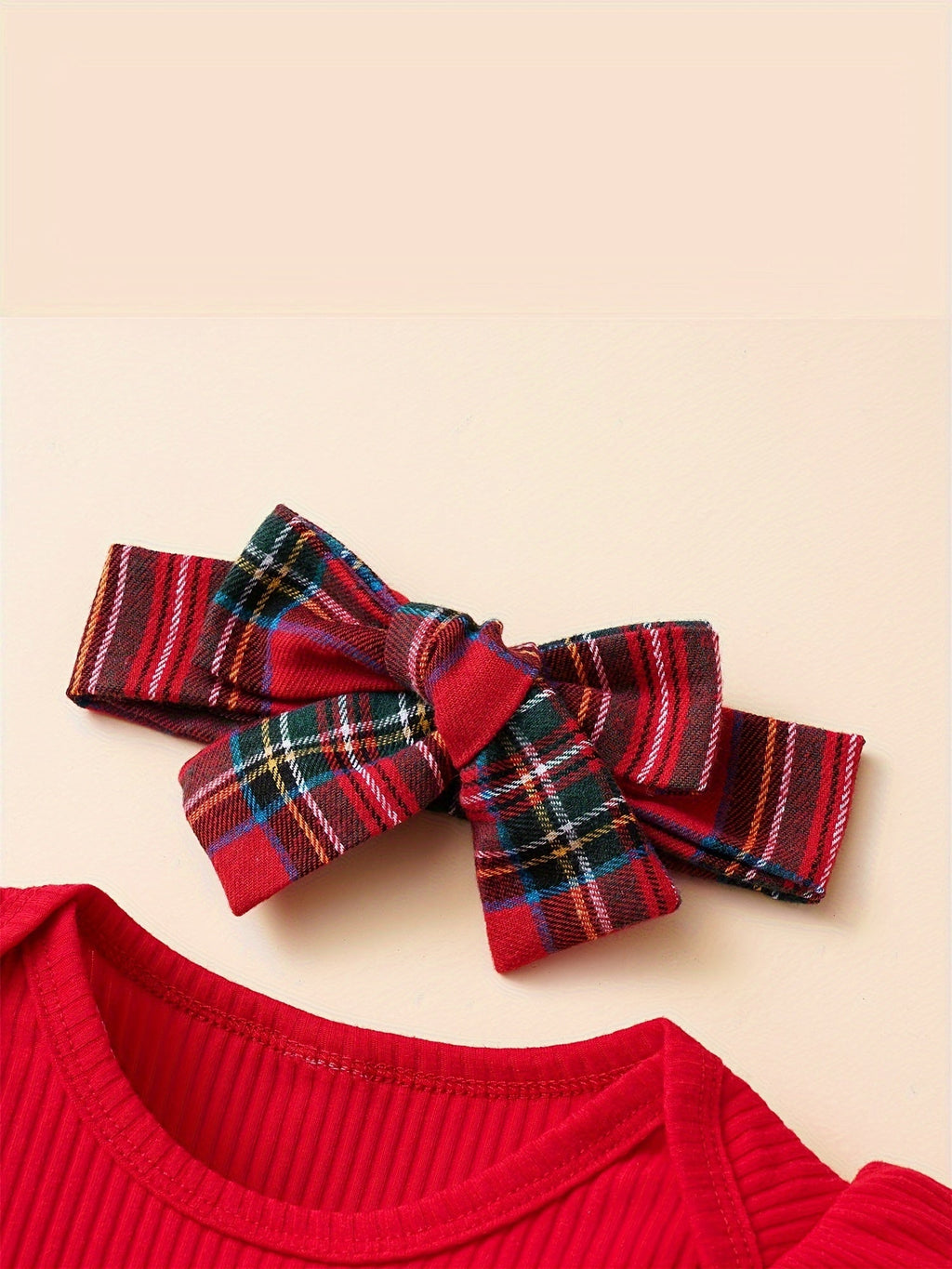 Baby Girls' Plaid Outfit Set with a Ribbed Long Sleeve Bodysuit and Suspender Skirt Plus Matching Headband